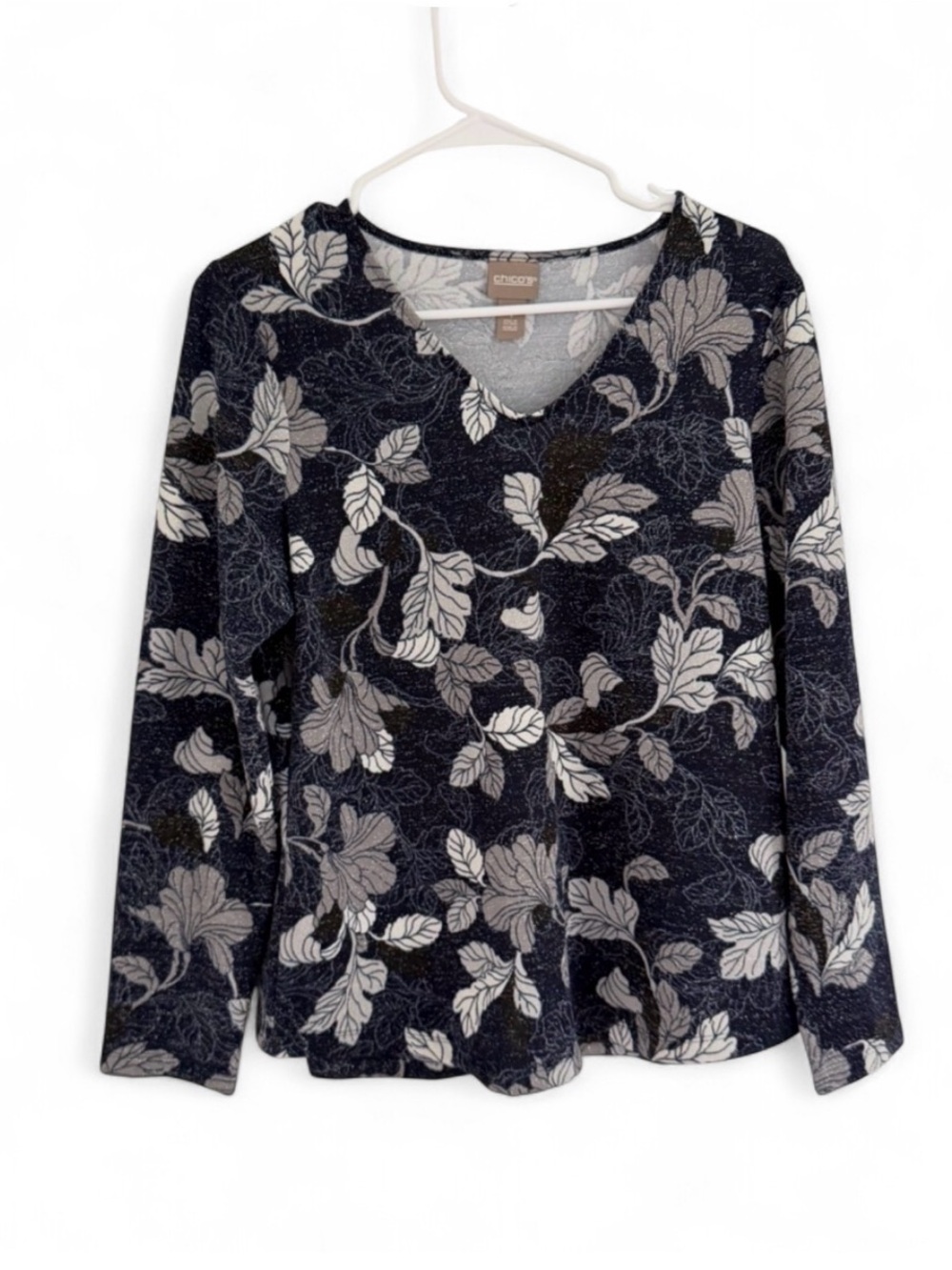 Chicos Top Floral Navy Blue Sparkles 3/4 Sleeve Blouse Size 1 M Whimsical Leaves